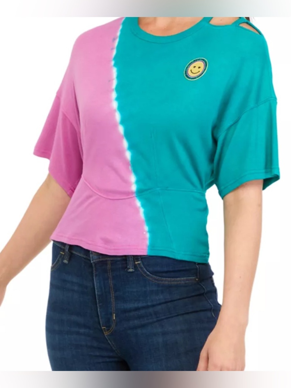 Frayed Jeans Two-Tone Pink and Teal Tie-Dye Short Sleeve Top semi cold shoulder